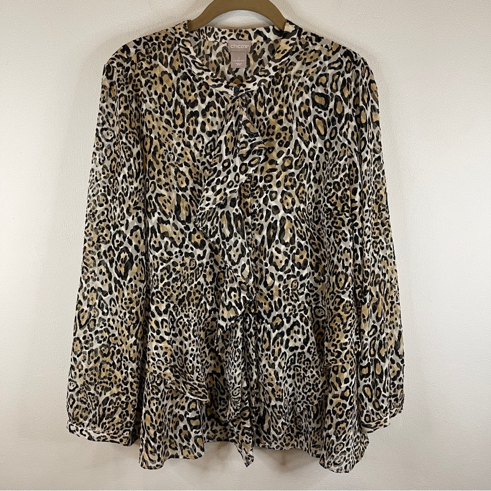 Chico's Leopard Animal Print Long Sleeve Button Down Sheer Top Blouse Size M
